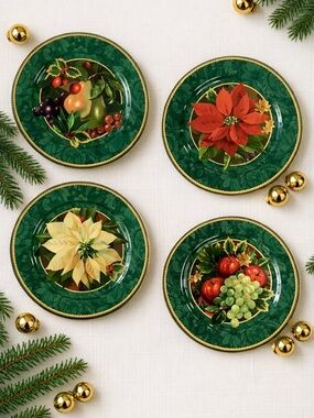 Hallmark Sakura Christmas Salad Dessert Plates 8.5” HOLIDAY ABUNDANCE Set of 4